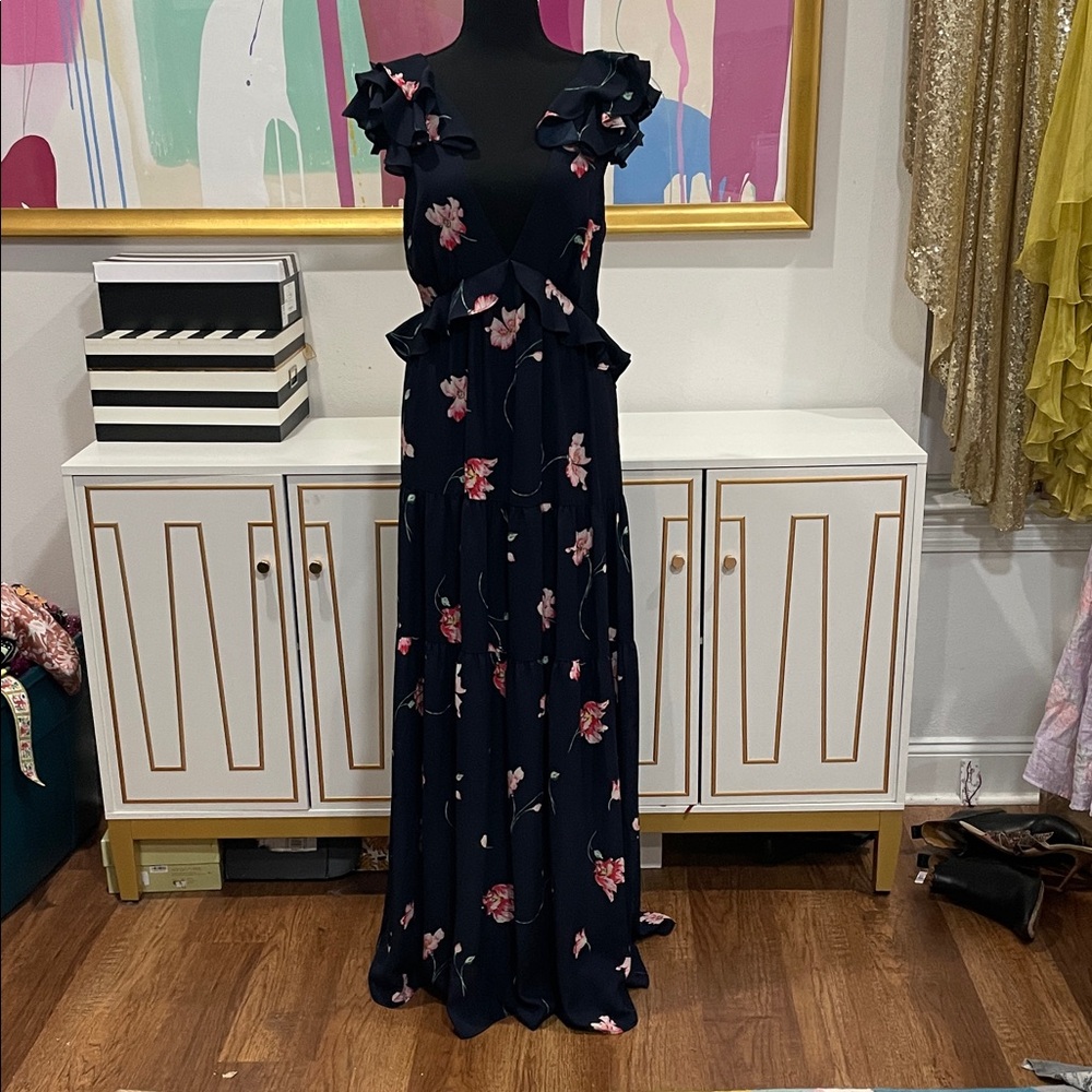 Aqua Navy Maxi Dress with Pink Floral Ruffles